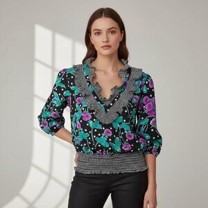 Mosaic Vintage 80's Black Floral Ruffled Blouse Polka Dot Cottagecore Size XL